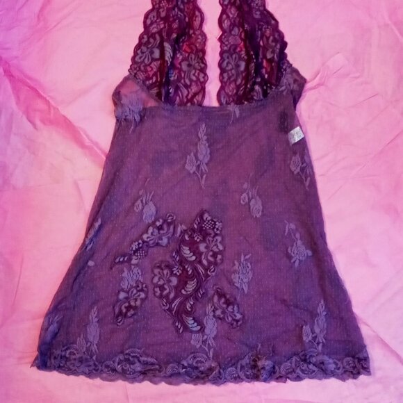 Frederick’s of Hollywood Lace Halter Chemise Purple Negligee Sexy Sheer Babydoll - Picture 5 of 15